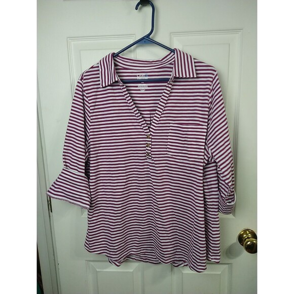 Croft&Barrow Woman XXL Blouse Purple White Nautical Collared V Neck Pocket... - Picture 1 of 7